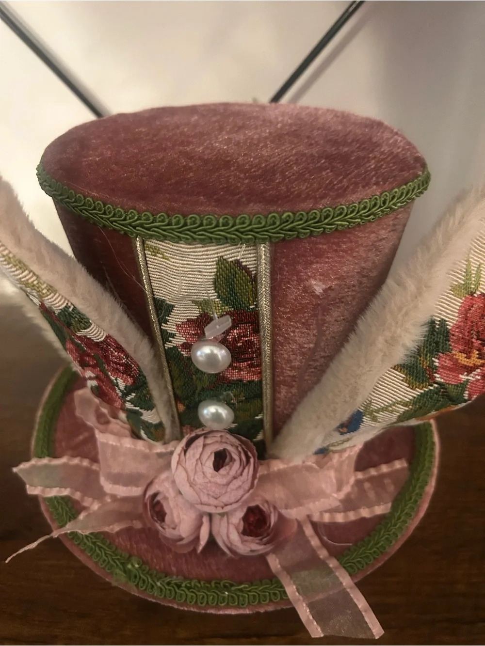 Pink Velvet Floral Mini Top Hat with Ribbon Roses